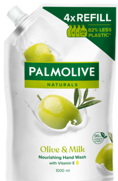 Saszetka Palmolive Naturals Olive & Milk 1L, mydło w płynie 4x REFILL, 82% mniej plastiku, widok z przodu.