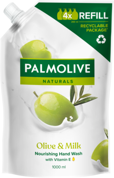 Palmolive Naturals Olive & Milk Nourishing Hand Wash 1000ml refill pouch, white, front view, recyclable.
