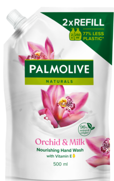 Palmolive Naturals Orchid & Milk 500 ml, biała saszetka refill do mydła w płynie, 77% mniej plastiku, widok z przodu.