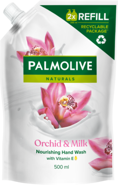 Biała saszetka Palmolive Naturals Orchid & Milk, 500 ml, nawilżające mydło w płynie z orchideą i mlekiem, recykling.