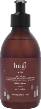 Szampon do brody Hagi Whisky Barber w ciemnej butelce, przód z tekstem 'softening' i 'wheat proteins - hop'.