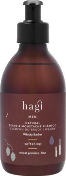 Szampon do brody Hagi Whisky Barber w ciemnej butelce, przód z tekstem 'softening' i 'wheat proteins - hop'.