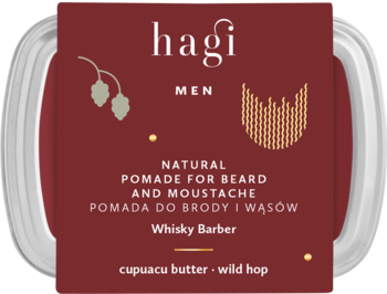 Hagi Men Whisky Barber pomada, bordowy pojemnik z chmielem i beczkami whisky, widok z góry.