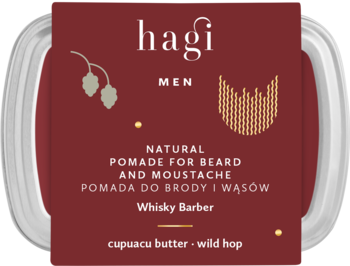 Hagi Men Whisky Barber pomada, bordowy pojemnik z chmielem i beczkami whisky, widok z góry.