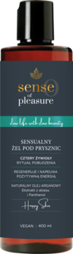 Sensualny żelu pod prysznic Sense of Pleasure z olejem arganowym, brązowa butelka, widok z przodu.