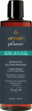 Sensualny żelu pod prysznic Sense of Pleasure z olejem arganowym, brązowa butelka, widok z przodu.