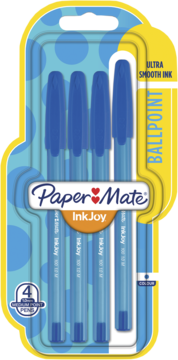 Opakowanie 4 niebieskich długopisów kulkowych Paper Mate InkJoy 1.0mm, ultra gładki tusz, widok z przodu.