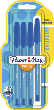 Opakowanie 4 niebieskich długopisów kulkowych Paper Mate InkJoy 1.0mm, ultra gładki tusz, widok z przodu.