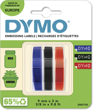 Dymo Embossing Labels 3-pack: blue, black, red 9mm tapes in retail packaging, made in Europe.
