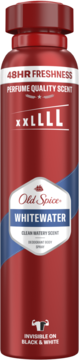 Czerwony dezodorant Old Spice Whitewater w puszce, widok z przodu. Widoczny napis 'XXLLLL' i '48HR FRESHNESS'.