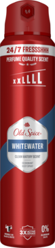 Czerwony dezodorant Old Spice Whitewater body spray, widok z przodu, etykieta z napisem 24/7 FRESSSHHH.