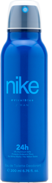 Niebieski dezodorant Nike Viralblue Man 200ml w aerozolu z srebrnym dozownikiem, bez soli aluminium, widok z przodu.