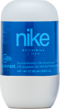 Biała butelka dezodorantu Nike ViralBlue roll-on 50ml z niebieską etykietą, przód, 48h ochrona dla mężczyzn.