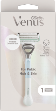 Gillette Venus Satin Care maszynka do golenia okolic intymnych, w biało-różowym opakowaniu, z paskiem ochronnym. Widok z przodu.