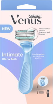 Maszynka Gillette Venus Intimate Hair & Skin, nowa, w niebiesko-lawendowym opakowaniu chroniącym przed podrażnieniami.