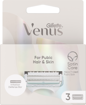 Opakowanie Gillette Venus Satin Care z 3 wkładami do maszynki intymnej, z osłoną Irritation Defense.