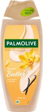 Palmolive Thermal Spa Smooth Butter żel pod prysznic, wanilia i shea, beżowa butelka, widok z przodu.