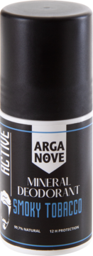 Arganove Mineral Deodorant Smoky Tobacco w czarnej butelce roll-on, widok z przodu, 12h ochrony.