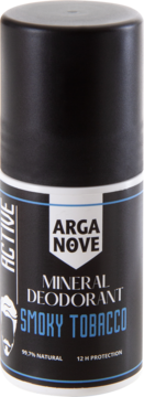 Arganove Mineral Deodorant Smoky Tobacco w czarnej butelce roll-on, widok z przodu, 12h ochrony.
