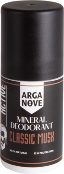 Czarny dezodorant w sztyfcie Arganove Classic Musk, mineralny, 99.7% naturalny, 12h ochrony, widok z przodu.