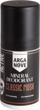 Czarny dezodorant w sztyfcie Arganove Classic Musk, mineralny, 99.7% naturalny, 12h ochrony, widok z przodu.