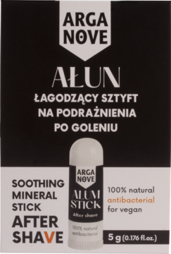 Ałun Arganove, łagodzący sztyft po goleniu, w czarno-białym opakowaniu z widocznym białym sztyftem.
