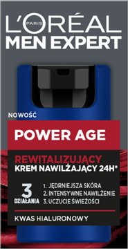 L'Oréal Men Expert Power Age krem nawilżający z kwasem hialuronowym, niebieskie opakowanie, widok z przodu.