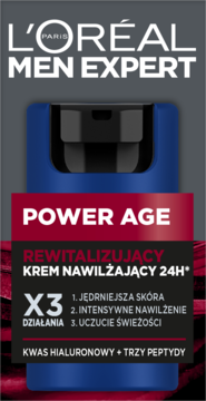 L'Oréal Men Expert Power Age, rewitalizujący krem nawilżający 24H z kwasem hialuronowym, czarno-niebieskie opakowanie.