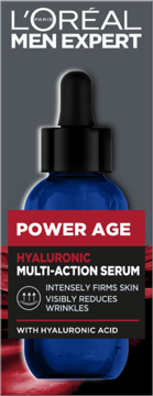 L'Oréal Men Expert Power Age Hyaluronic Multi-Action Serum, niebieska butelka z czarnym zakraplaczem i czerwono-czarną etykietą, widok z przodu.