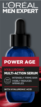 L'Oréal Men Expert Power Age serum hialuronowe w niebieskiej butelce z zakraplaczem, redukcja zmarszczek, przód.