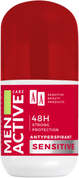 AA MEN ACTIVE Sensitive 48H antyperspirant roll-on. Biała butelka z czerwoną nakrętką, widok z przodu.