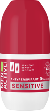 AA Men Active Care Sensitive Antyperspirant roll-on, czerwono-biały, 0% alkohol, widok z przodu.