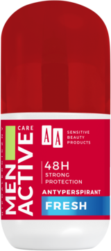 AA Men Active Care Fresh antyperspirant w białej butelce roll-on z czerwoną nakrętką i etykietą.