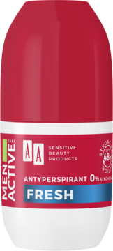 AA Men Active Care Fresh antyperspirant roll-on, czerwona nakrętka, napis "48h", widok z przodu.