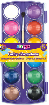 Otwarty zestaw farb akwarelowych Strigo: 12 intensywnych kolorów w fioletowym etui z pędzelkiem.