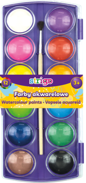 Otwarty zestaw farb akwarelowych Strigo: 12 intensywnych kolorów w fioletowym etui z pędzelkiem.