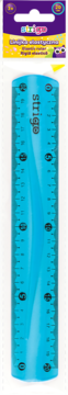 Transparentna niebieska elastyczna linijka Strigo 20 cm z podwójną skalą, widoczna w opakowaniu.