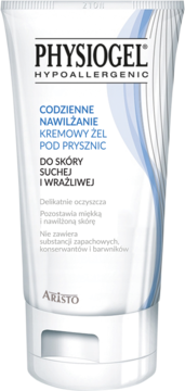Physiogel Hypoallergenic kremowy żel pod prysznic w białej tubce, widok z przodu, dla skóry suchej i wrażliwej.