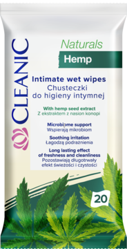Białe opakowanie Cleanic Naturals Hemp, intymne chusteczki nawilżane z konopi wspierające mikrobiom, przód.