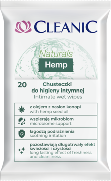 Biała saszetka Cleanic Naturals Hemp, 20 chusteczek do higieny intymnej z olejem konopnym, widok z przodu.