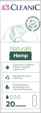 Pionowe opakowanie wkładek Cleanic Naturals Hemp 20 szt., zielony napis, ikona konopi, redukcja bakterii.