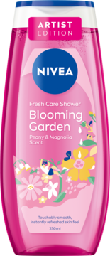 Różowy, półprzezroczysty żel pod prysznic NIVEA Blooming Garden Peony & Magnolia Scent, butelka z kwiatowym wzorem.