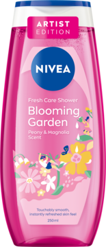 Różowy, półprzezroczysty żel pod prysznic NIVEA Blooming Garden Peony & Magnolia Scent, butelka z kwiatowym wzorem.