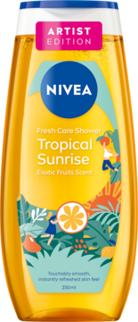 NIVEA Tropical Sunrise żel pod prysznic, żółta butelka z egzotycznym owocowym designem, napis Artist Edition, przód.