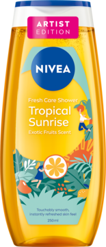 NIVEA Tropical Sunrise żel pod prysznic, żółta butelka z egzotycznym owocowym designem, napis Artist Edition, przód.
