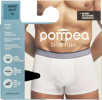 Opakowanie męskich bokserek Pompea Cotton Planet z białej bawełny organicznej, widok z przodu z modelem, rozmiar XL.