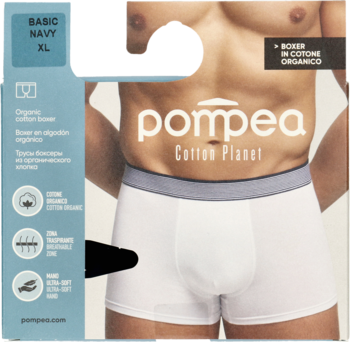 Opakowanie męskich bokserek Pompea Cotton Planet z białej bawełny organicznej, widok z przodu z modelem, rozmiar XL.