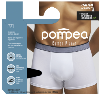 Opakowanie bokserek męskich Pompea Cotton Planet, białe. Mężczyzna w białych bokserkach z organicznej bawełny, włoski design.