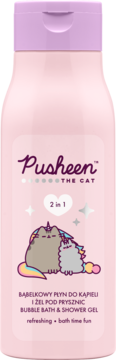 Różowa butelka Pusheen 2w1 Bubble Bath & Shower Gel z fioletową nakrętką i ilustracją kotów-jednorożców, widok z przodu.
