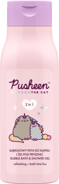 Różowa butelka Pusheen 2w1 Bubble Bath & Shower Gel z fioletową nakrętką i ilustracją kotów-jednorożców, widok z przodu.